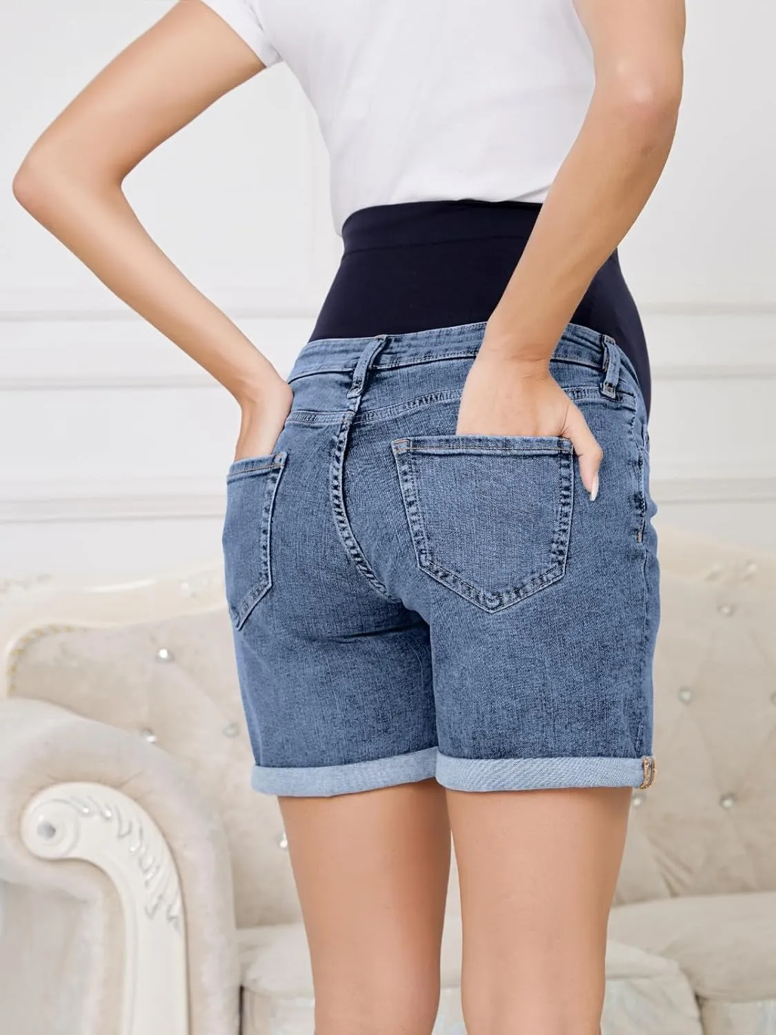 OVRUNS Women Maternity Jean Shorts Over The Belly Stretchy Comfy Rolled Cuff Pregnancy Denim Shorts with Pockets