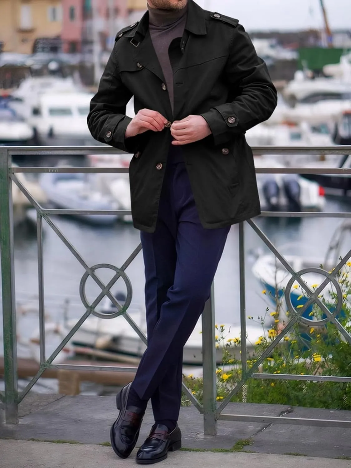 Runcati Mens Trench Coat Single Breasted Mid Length Slim Fit Notch Lapel Windbreaker Jackets