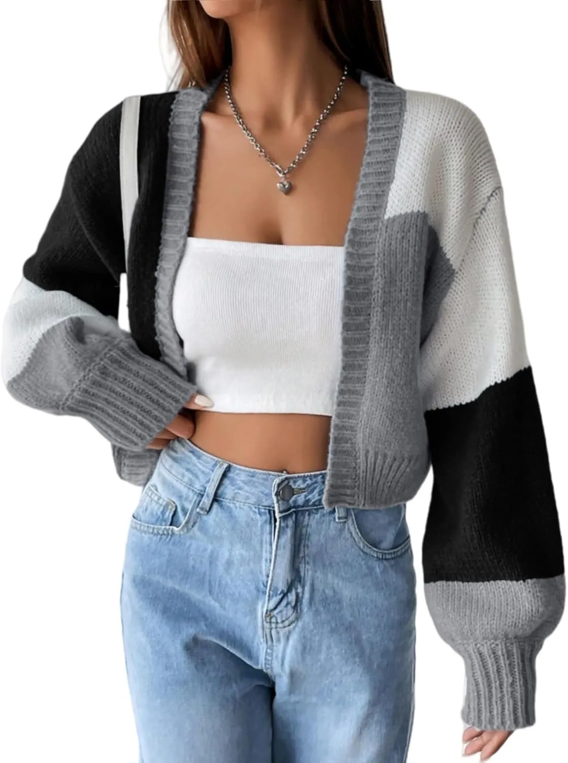 SHENHE Women's Color Block Cardigan Open Front Long Sleeve Knit Cropped Sweater