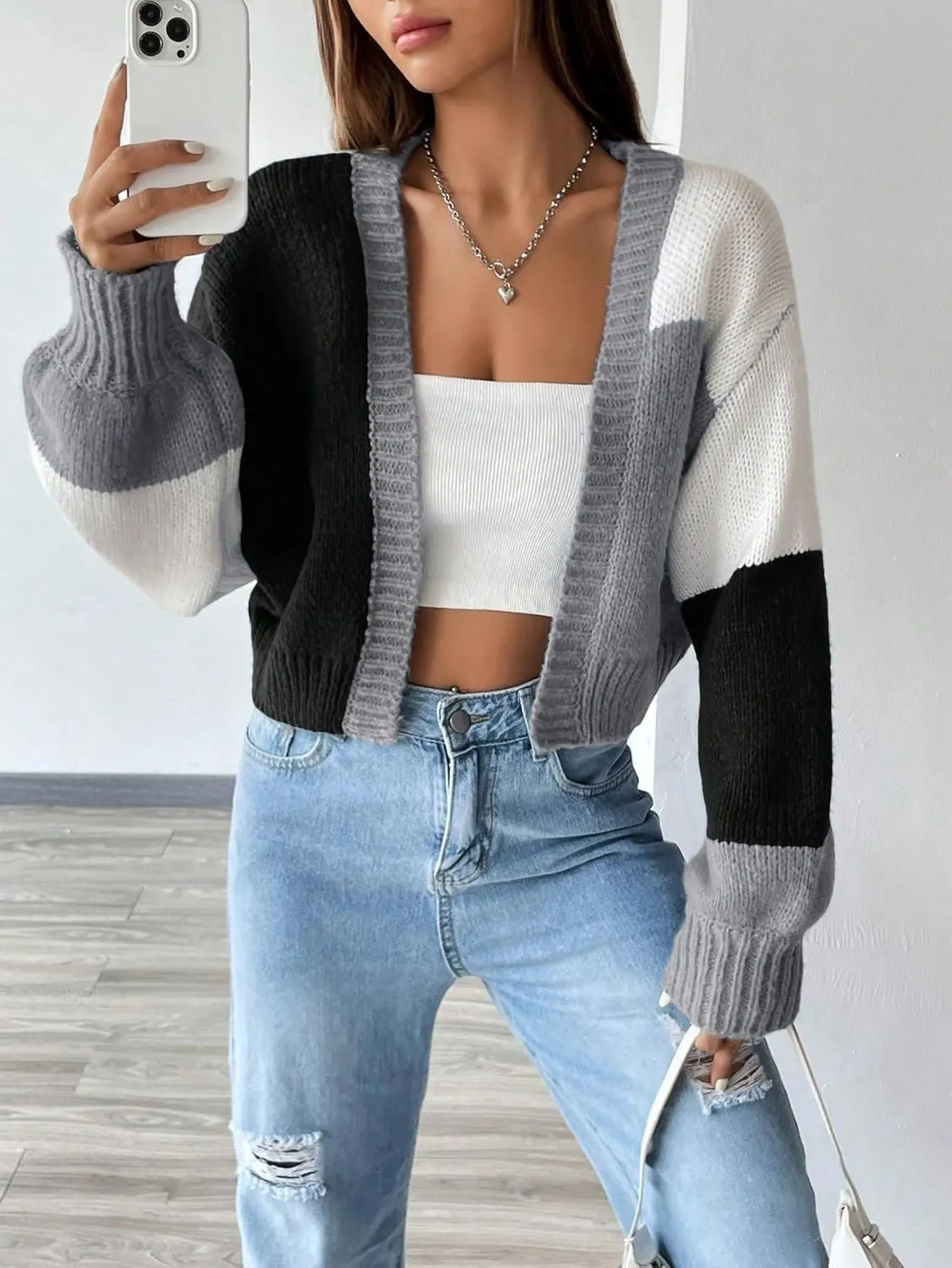 SHENHE Women's Color Block Cardigan Open Front Long Sleeve Knit Cropped Sweater