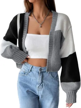 SHENHE Women's Color Block Cardigan Open Front Long Sleeve Knit Cropped Sweater