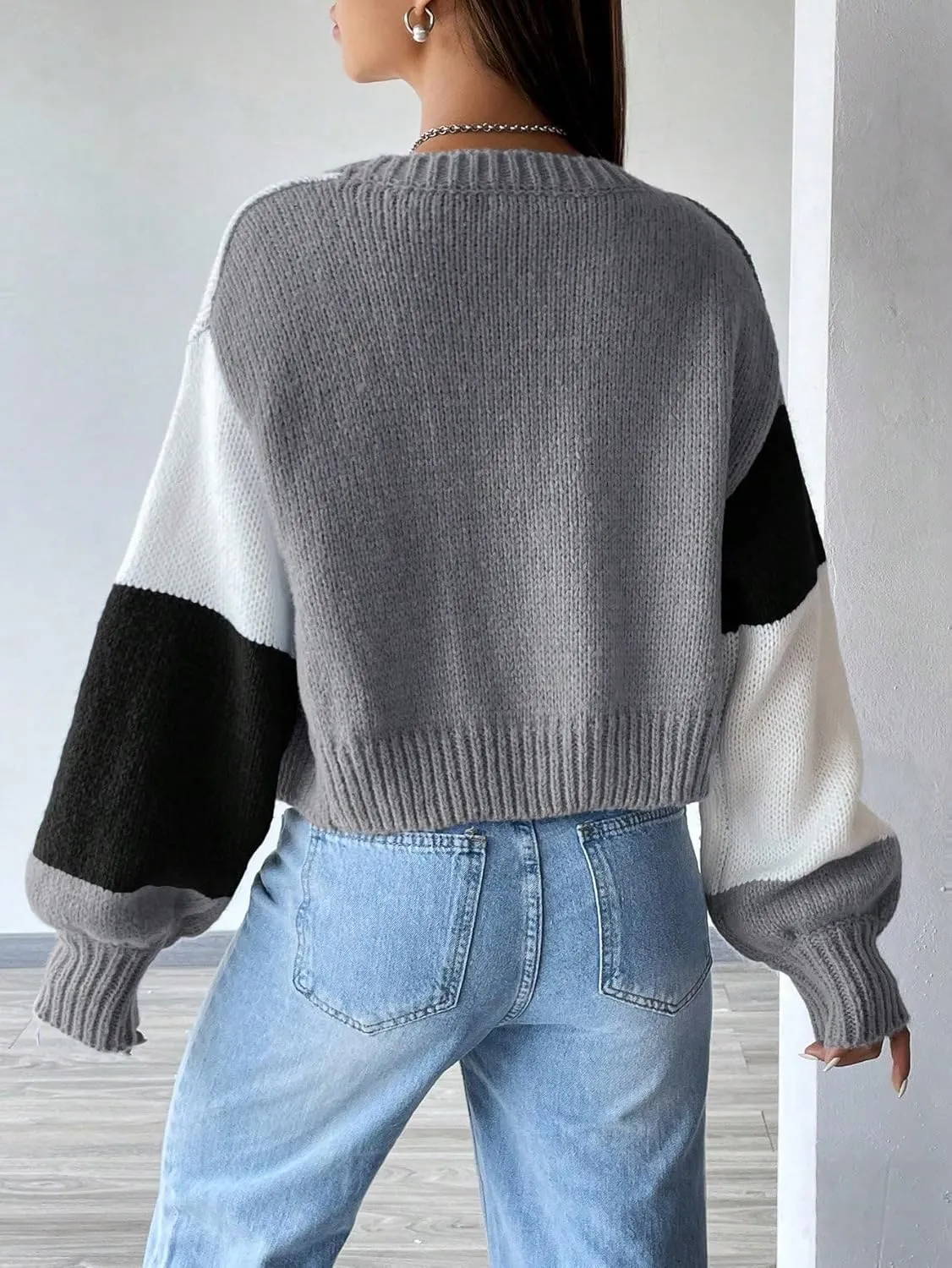 SHENHE Women's Color Block Cardigan Open Front Long Sleeve Knit Cropped Sweater