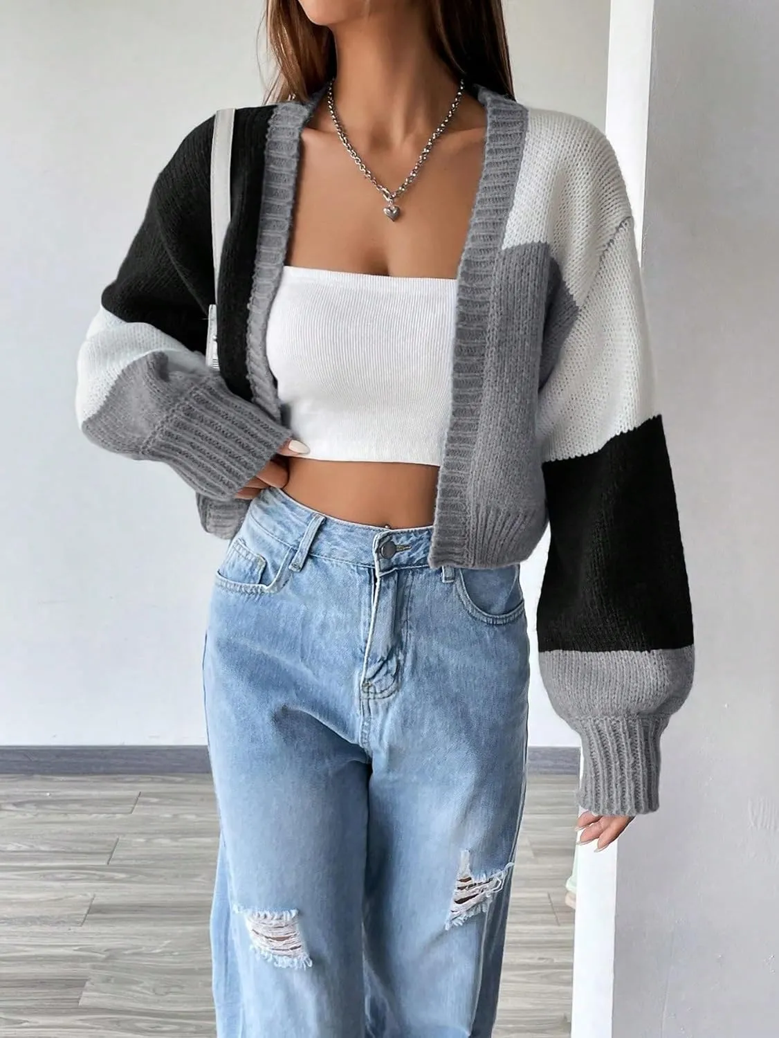 SHENHE Women's Color Block Cardigan Open Front Long Sleeve Knit Cropped Sweater