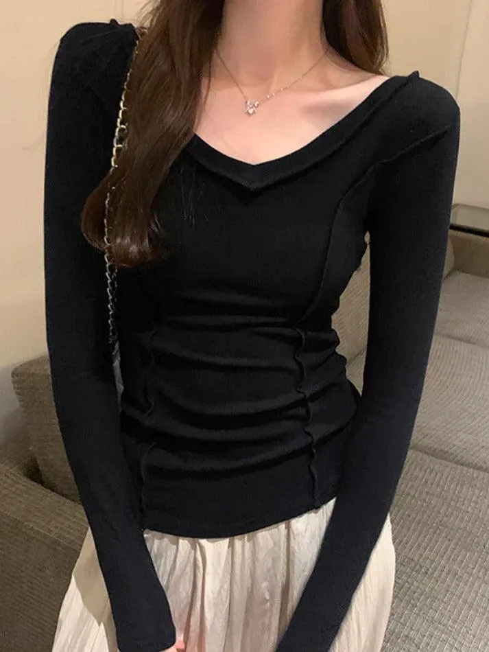 Solid V Neck Seam Detail Slim Long Sleeve Knit