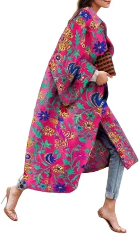 TIAFORD Women's Fall Winter Knee Length Trench Coat Casual Plus Size Floral Print Long Sleeve Turn Down Collar Long Pea Coats