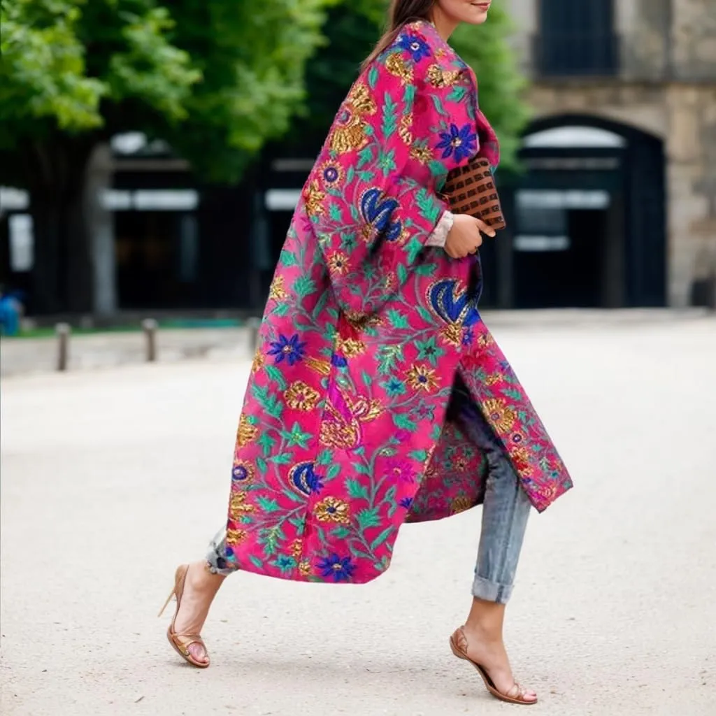 TIAFORD Women's Fall Winter Knee Length Trench Coat Casual Plus Size Floral Print Long Sleeve Turn Down Collar Long Pea Coats