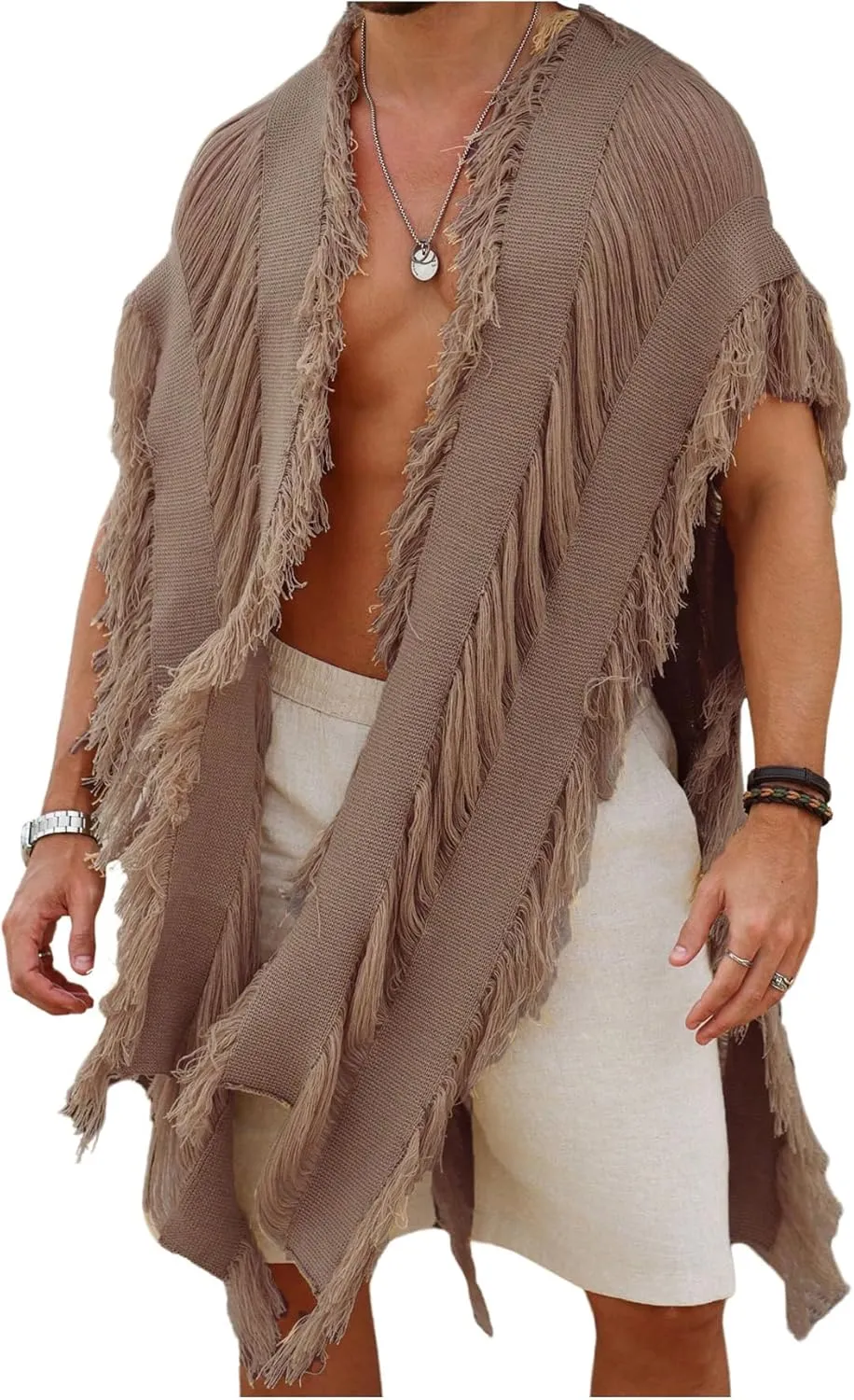 Verdusa Men's Open Front Fringe Loose Cardigan Cape Knit Shawl Wrap