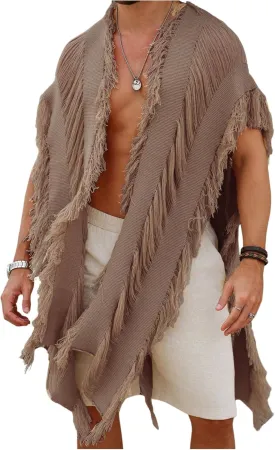 Verdusa Men's Open Front Fringe Loose Cardigan Cape Knit Shawl Wrap