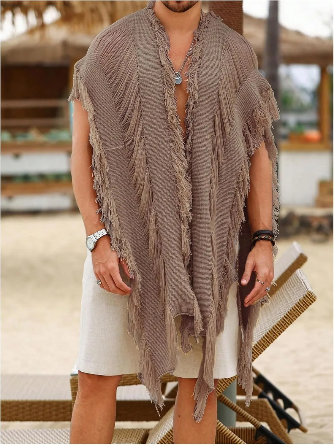 Verdusa Men's Open Front Fringe Loose Cardigan Cape Knit Shawl Wrap