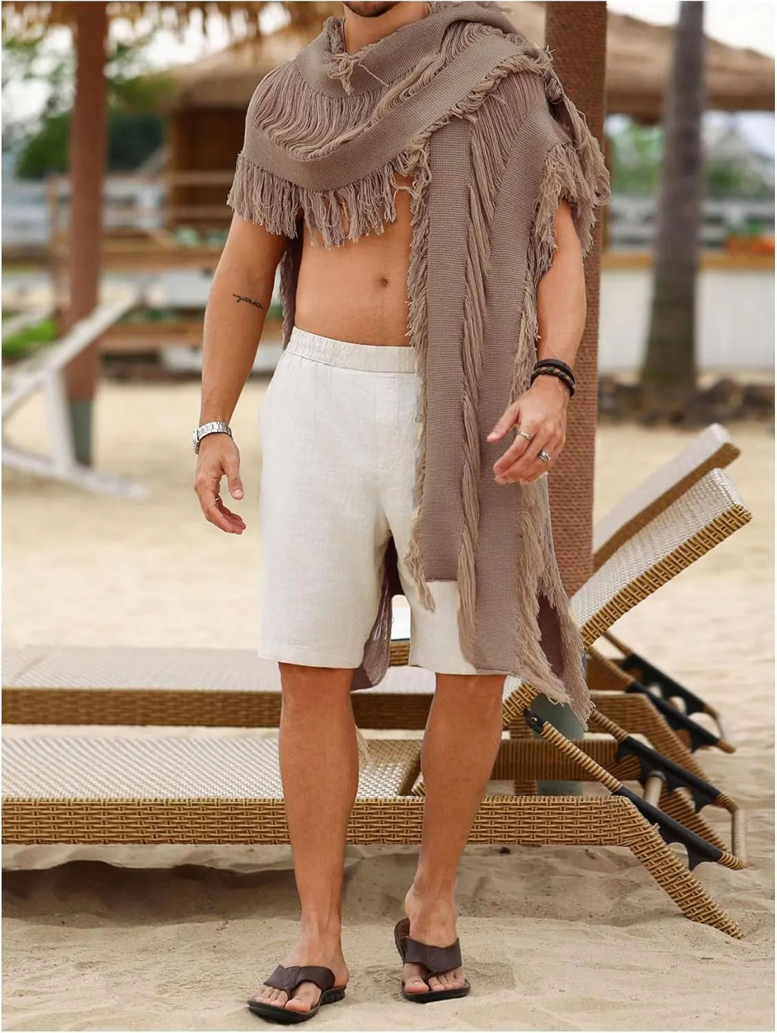 Verdusa Men's Open Front Fringe Loose Cardigan Cape Knit Shawl Wrap