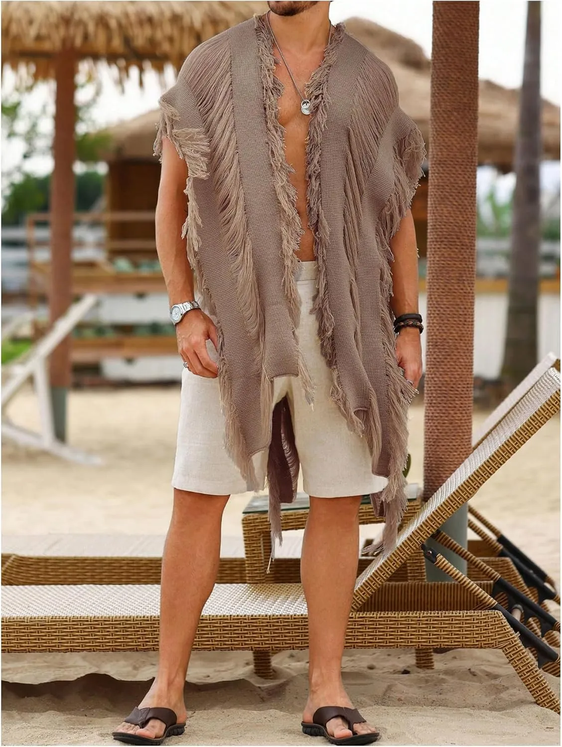Verdusa Men's Open Front Fringe Loose Cardigan Cape Knit Shawl Wrap
