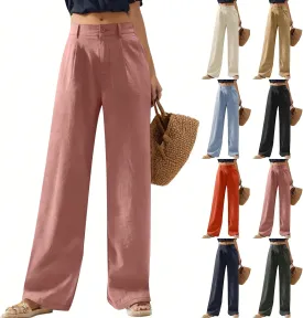 Wide Leg Linen Pants for Women Business Casual High Waisted Dress Pants Office Work Pants Straight Trousers w/Pockets