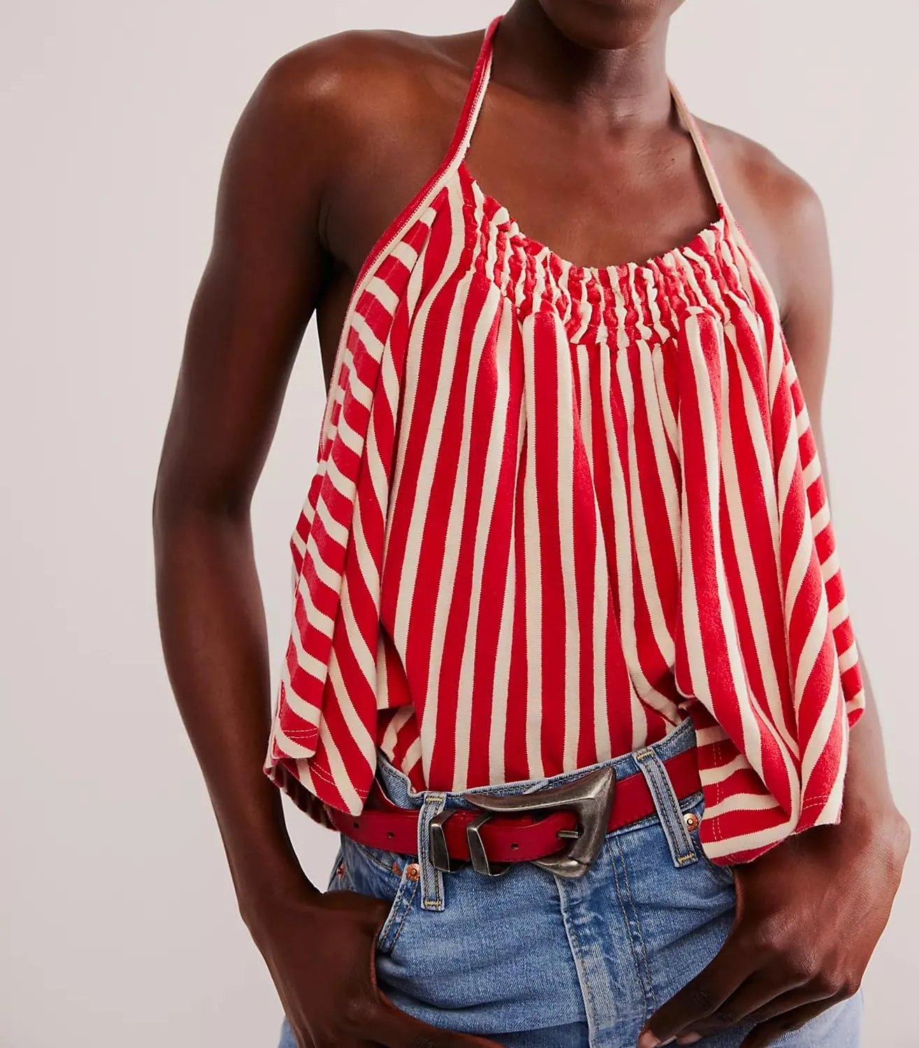 Women Striped Halter Tank Tops Casual Loose Sleeveless Tie Back Smocked Shirt Backless Flared Y2K Summer Cami Top