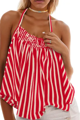 Women Striped Halter Tank Tops Casual Loose Sleeveless Tie Back Smocked Shirt Backless Flared Y2K Summer Cami Top