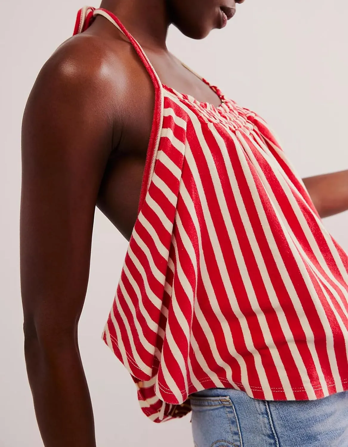 Women Striped Halter Tank Tops Casual Loose Sleeveless Tie Back Smocked Shirt Backless Flared Y2K Summer Cami Top