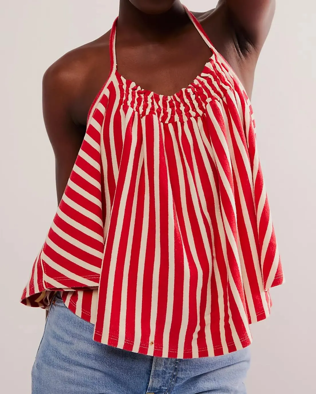 Women Striped Halter Tank Tops Casual Loose Sleeveless Tie Back Smocked Shirt Backless Flared Y2K Summer Cami Top