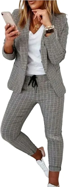 Women's 2 Piece Solid Ruched Sleeve Blazer and Pants Open Front Notch Lapel Check Print Business Formal Work Suit