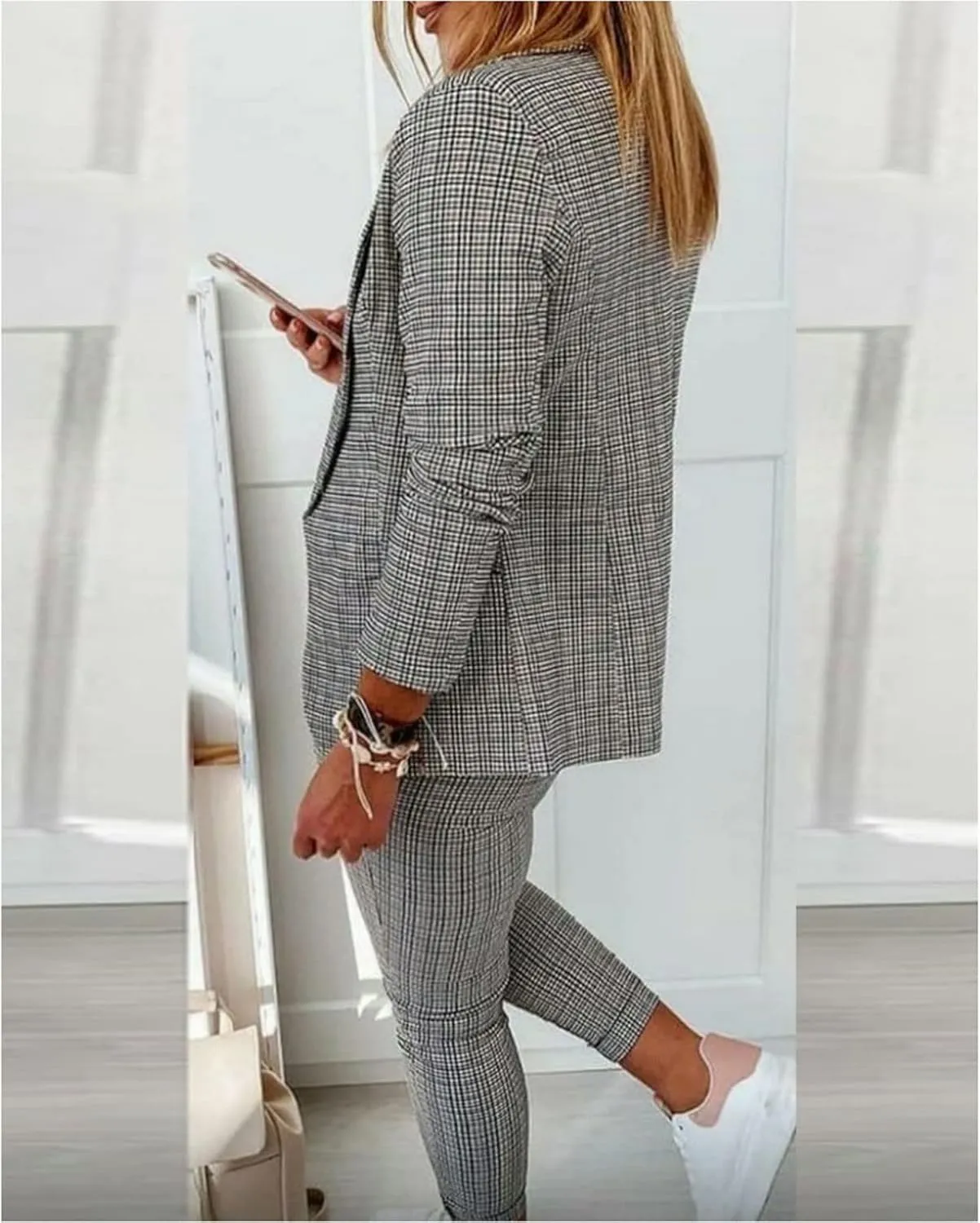 Women's 2 Piece Solid Ruched Sleeve Blazer and Pants Open Front Notch Lapel Check Print Business Formal Work Suit
