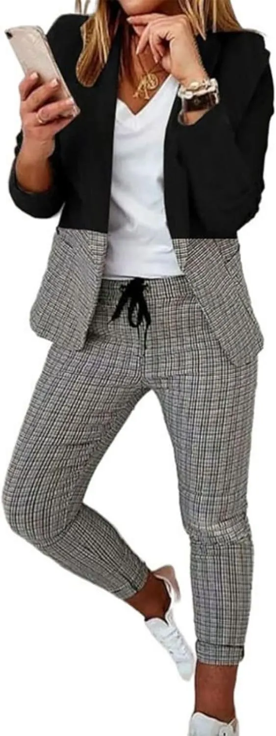 Women's 2 Piece Solid Ruched Sleeve Blazer and Pants Open Front Notch Lapel Check Print Business Formal Work Suit