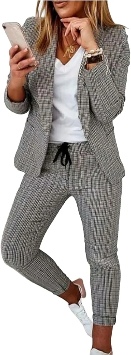Women's 2 Piece Solid Ruched Sleeve Blazer and Pants Open Front Notch Lapel Check Print Business Formal Work Suit