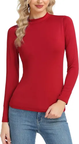 Women's Basic Long Sleeve Thermal Top Lightweight Mock Neck Shirts Slim Fit Layer Soft Top