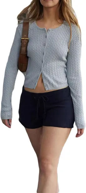 Womens Cable Knit Button Up Cardigans Long Sleeve V Neck Cropped Sweater Y2K Buttons Front Closure Knitted Outwear
