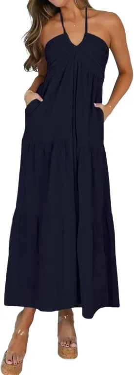 Women's Casual Halter Tiered Vacation Maxi Dress with Pockets