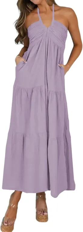 Women's Casual Halter Tiered Vacation Maxi Dress with Pockets