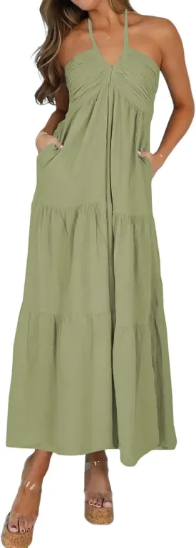 Women's Casual Halter Tiered Vacation Maxi Dress with Pockets