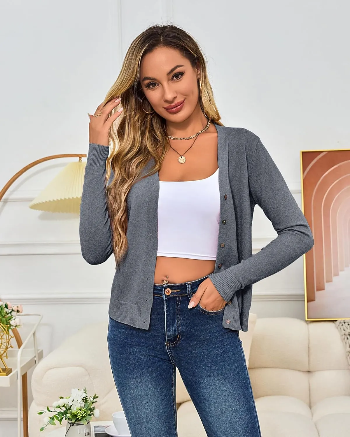 Women's Cropped Cardigan Sweaters Long Sleeve Crochet Knit Bolero Shrug Open Front V-Neck Button Down Sweater Tops