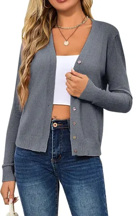 Women's Cropped Cardigan Sweaters Long Sleeve Crochet Knit Bolero Shrug Open Front V-Neck Button Down Sweater Tops