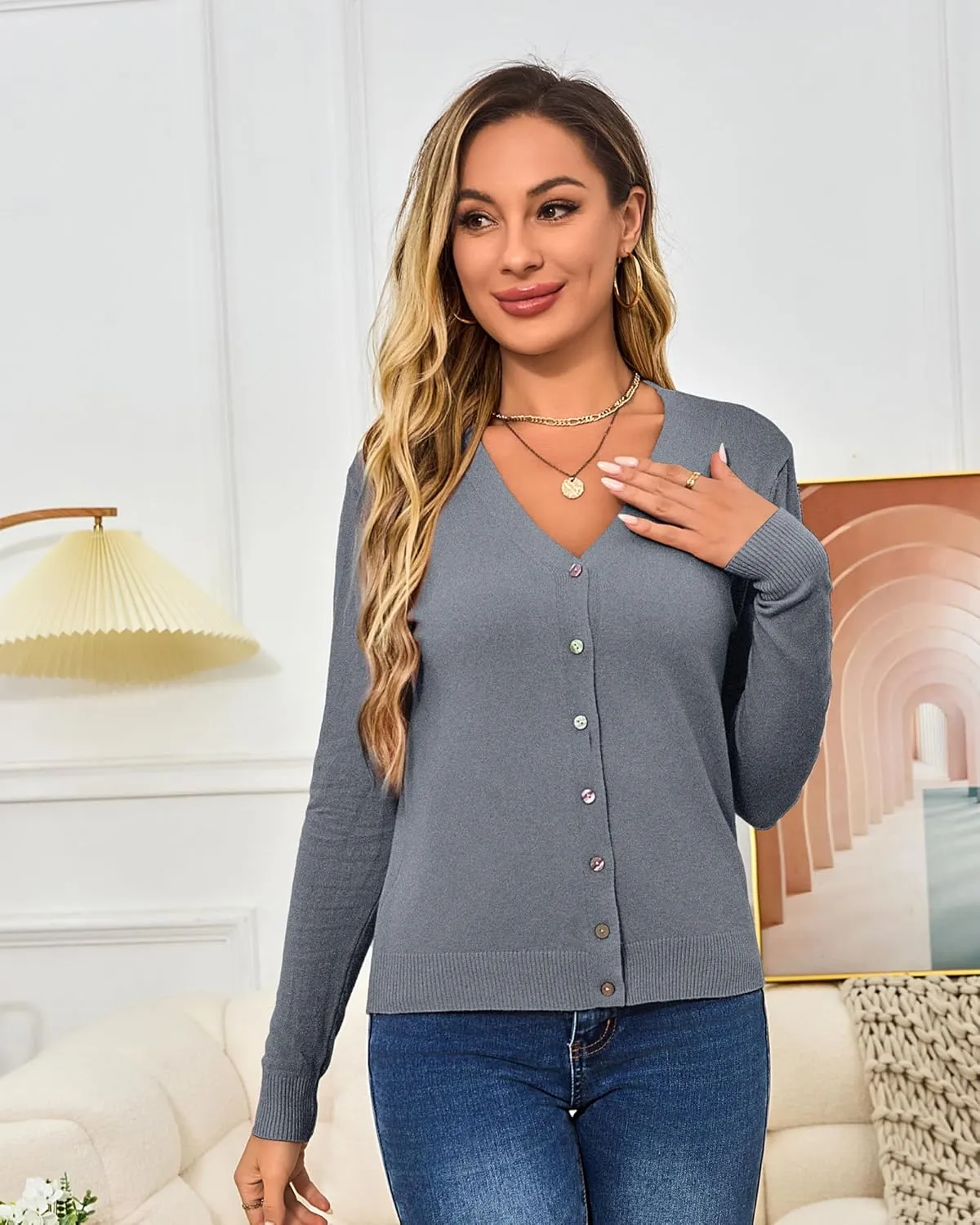 Women's Cropped Cardigan Sweaters Long Sleeve Crochet Knit Bolero Shrug Open Front V-Neck Button Down Sweater Tops