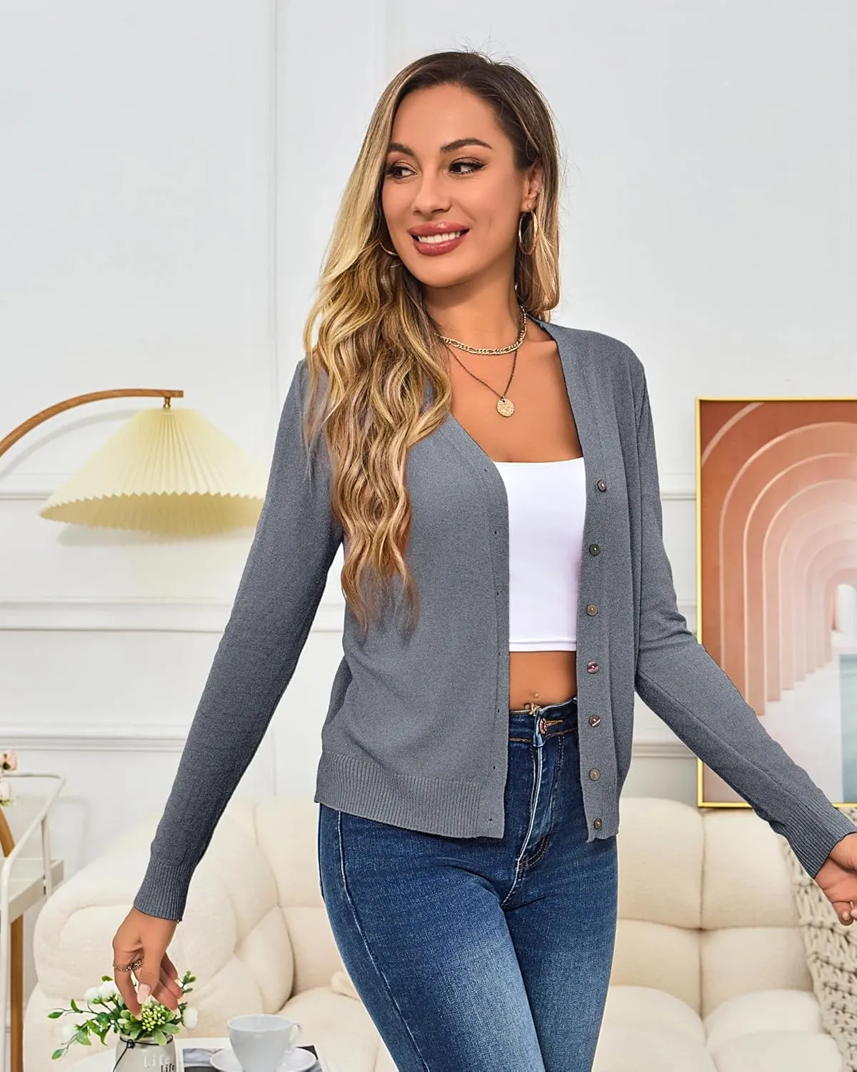 Women's Cropped Cardigan Sweaters Long Sleeve Crochet Knit Bolero Shrug Open Front V-Neck Button Down Sweater Tops