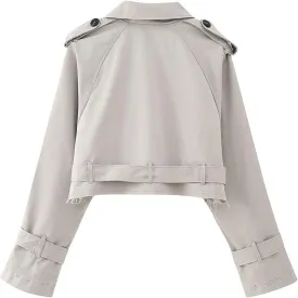 Women's Cropped Trench Coat Utility Short Trench Jacket Long Sleeve Fall Crop Top Coat Double Breasted Outerwear