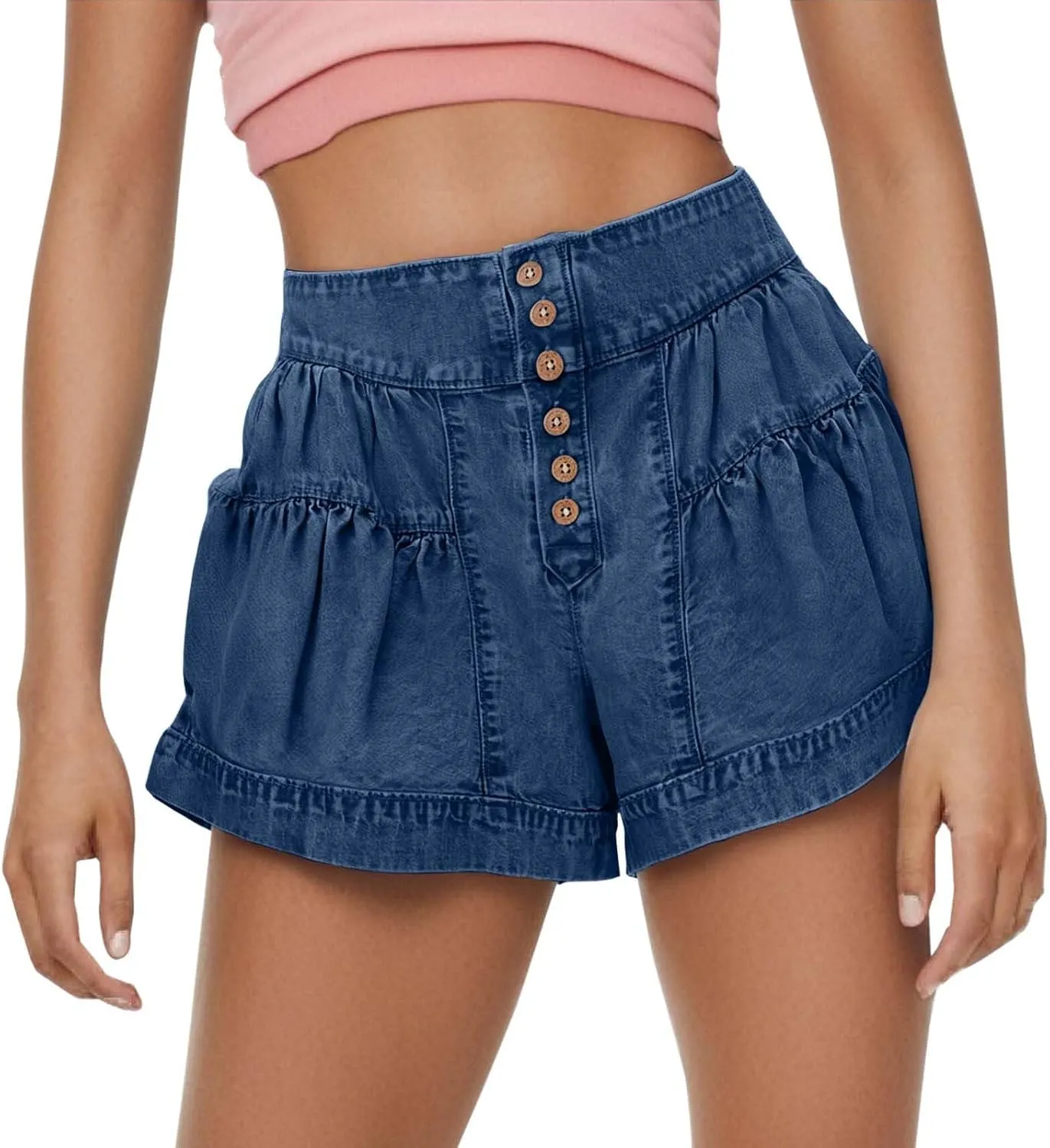 Womens Denim Shorts Summer Baggy High Waisted Flowy Wide Leg Buttons Pleated Casual Jean Shorts Fashion Ruffle Skorts