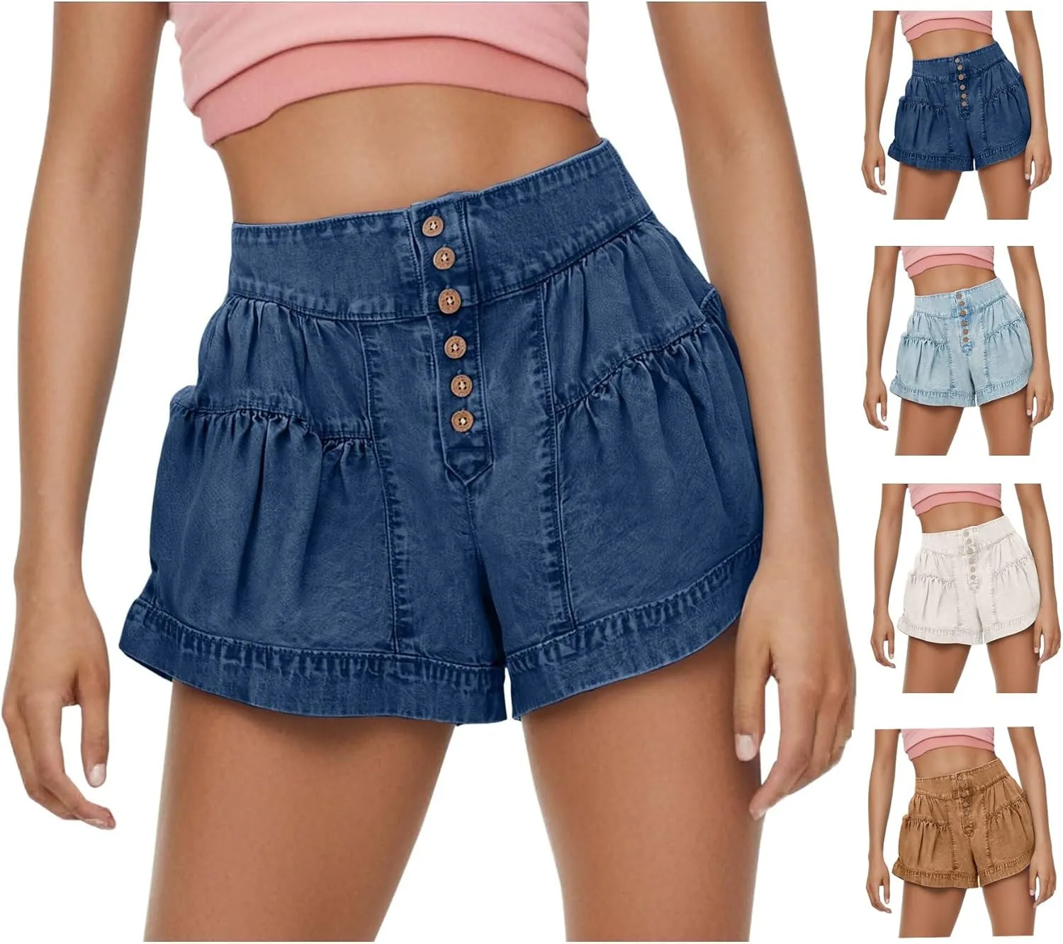 Womens Denim Shorts Summer Baggy High Waisted Flowy Wide Leg Buttons Pleated Casual Jean Shorts Fashion Ruffle Skorts