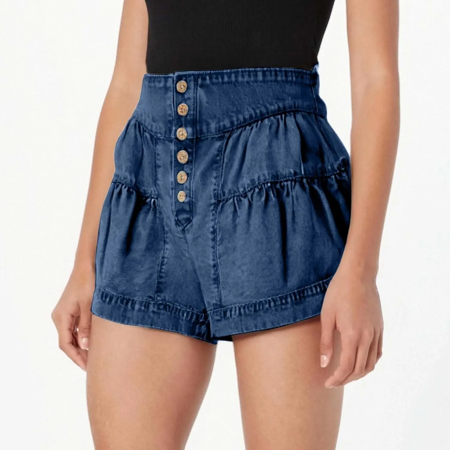 Womens Denim Shorts Summer Baggy High Waisted Flowy Wide Leg Buttons Pleated Casual Jean Shorts Fashion Ruffle Skorts
