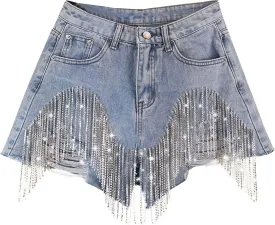 Womens Diamond Tassels Y2K Ripped Denim Shorts High Waist Wide Leg Summer Casual Jeans Shorts with Rhinestone Fringe