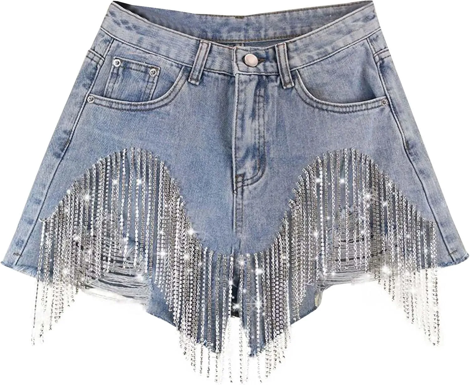 Womens Diamond Tassels Y2K Ripped Denim Shorts High Waist Wide Leg Summer Casual Jeans Shorts with Rhinestone Fringe