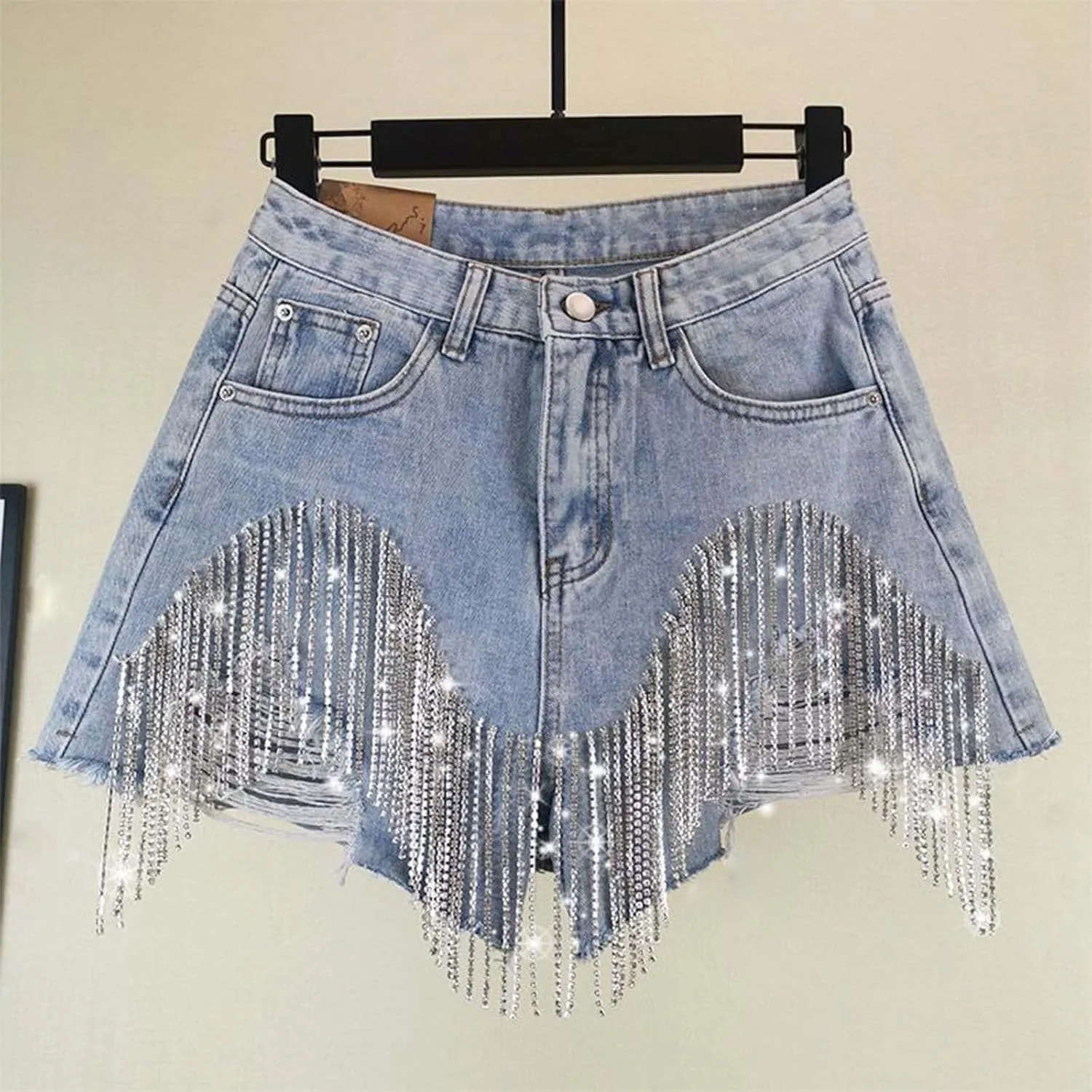 Womens Diamond Tassels Y2K Ripped Denim Shorts High Waist Wide Leg Summer Casual Jeans Shorts with Rhinestone Fringe