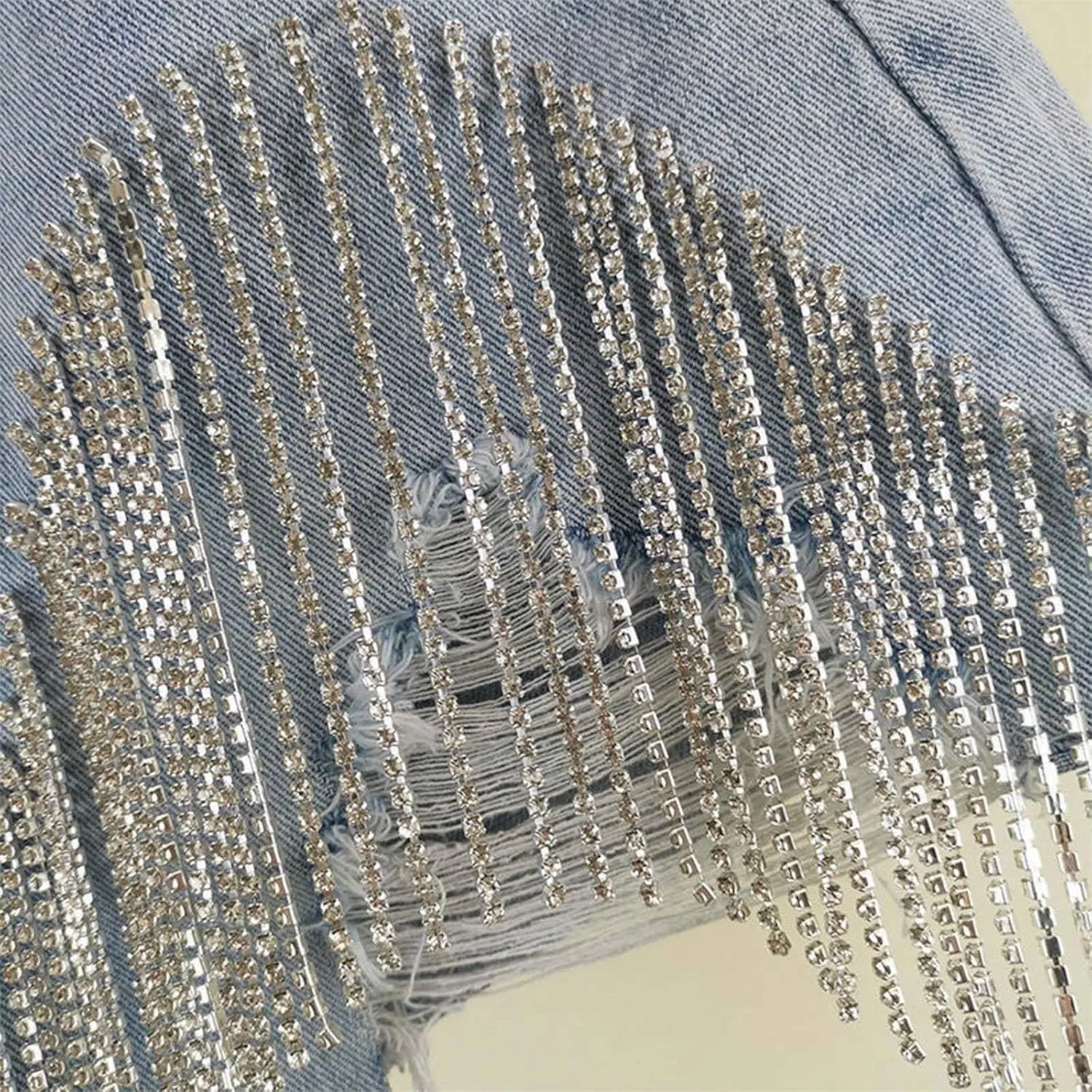 Womens Diamond Tassels Y2K Ripped Denim Shorts High Waist Wide Leg Summer Casual Jeans Shorts with Rhinestone Fringe
