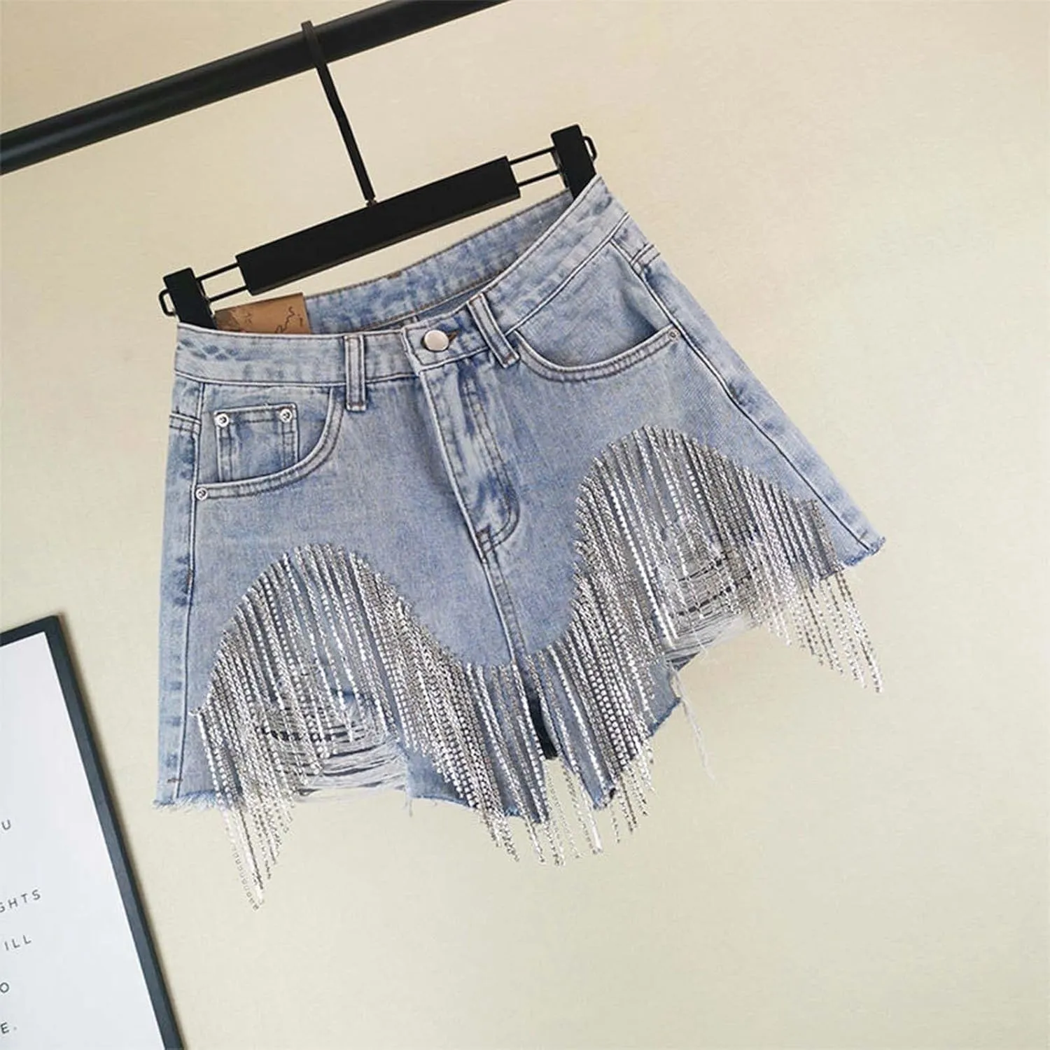 Womens Diamond Tassels Y2K Ripped Denim Shorts High Waist Wide Leg Summer Casual Jeans Shorts with Rhinestone Fringe