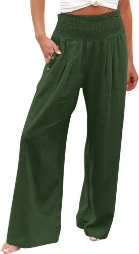 Womens Linen Pants 2025 Summer Casual Wide Leg Palazzo Pants Loose Smocked High Waist Work Slack Flowy Beach Trousers