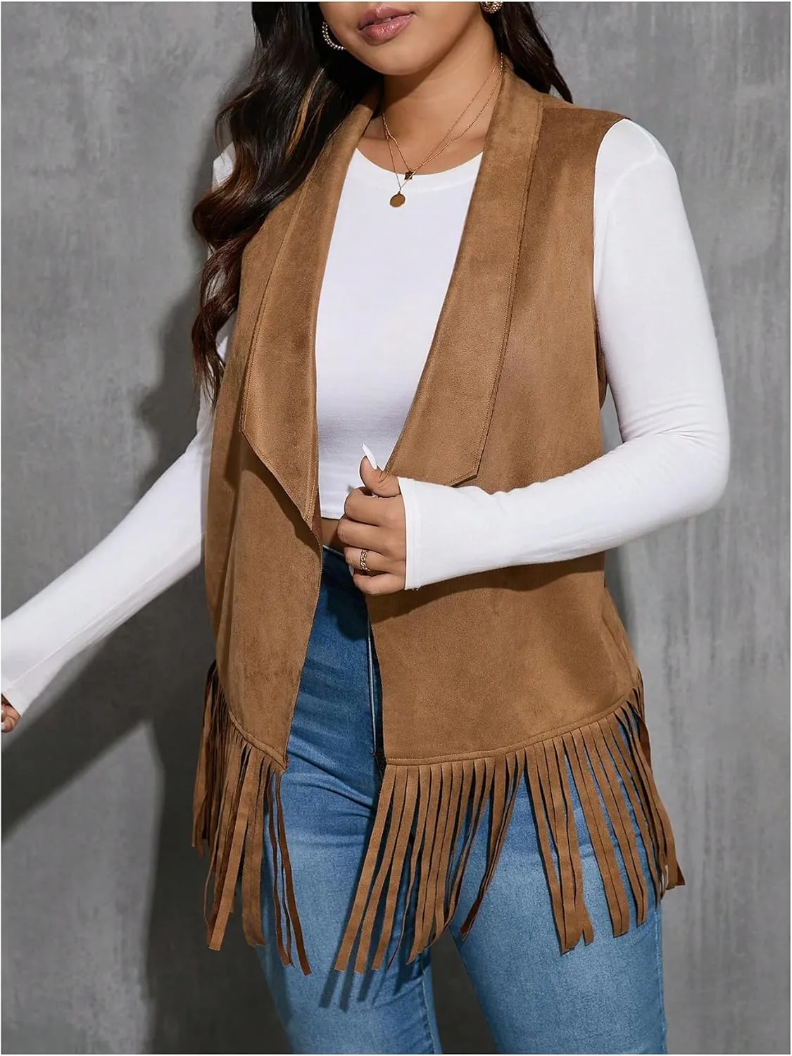 Women's Plus Size Fringe Suede Vest 70s Hippie Faux Western Jacket Tassel Sleeveless Cardigan