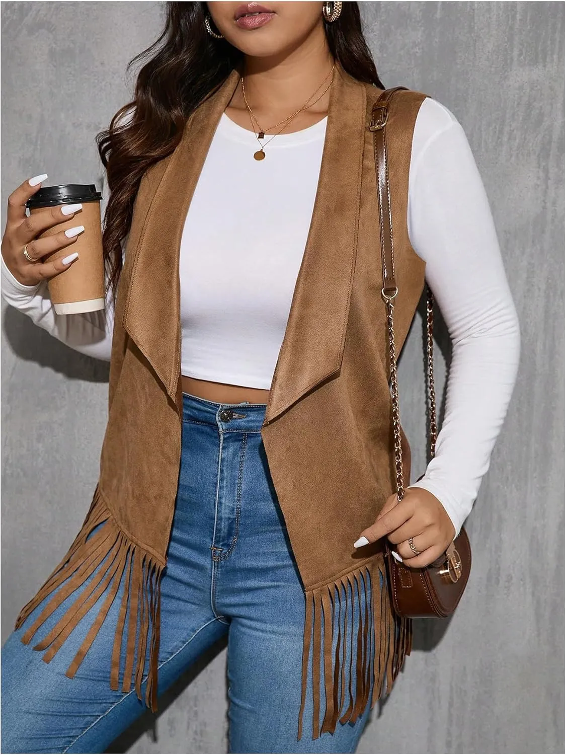Women's Plus Size Fringe Suede Vest 70s Hippie Faux Western Jacket Tassel Sleeveless Cardigan