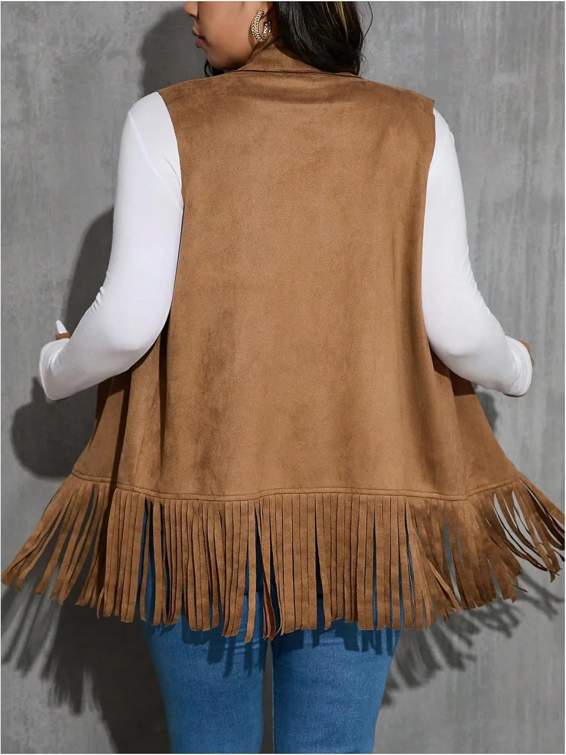 Women's Plus Size Fringe Suede Vest 70s Hippie Faux Western Jacket Tassel Sleeveless Cardigan