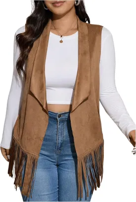 Women's Plus Size Fringe Suede Vest 70s Hippie Faux Western Jacket Tassel Sleeveless Cardigan