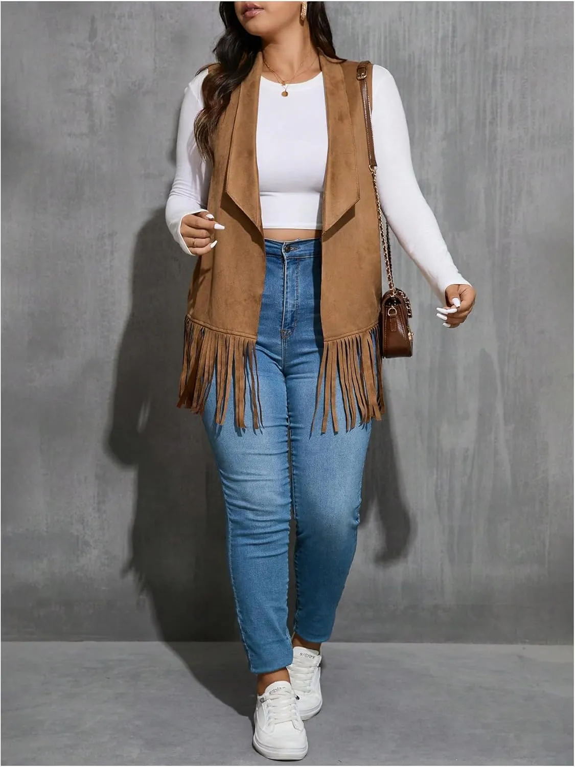 Women's Plus Size Fringe Suede Vest 70s Hippie Faux Western Jacket Tassel Sleeveless Cardigan