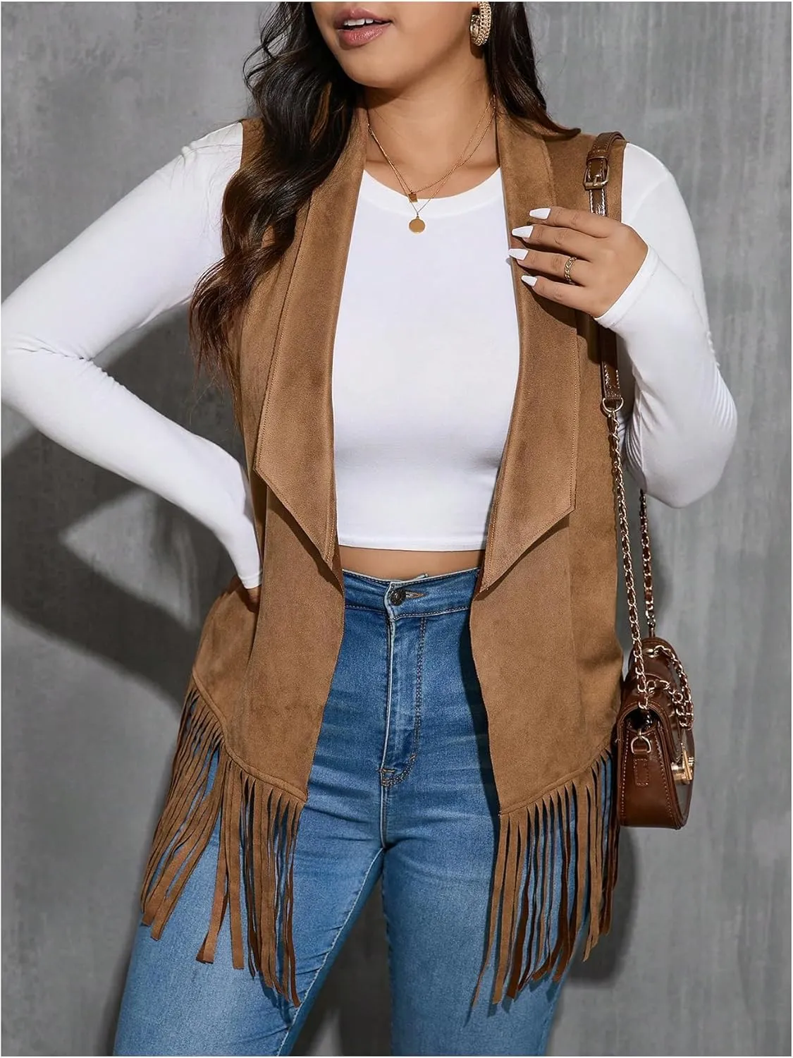 Women's Plus Size Fringe Suede Vest 70s Hippie Faux Western Jacket Tassel Sleeveless Cardigan