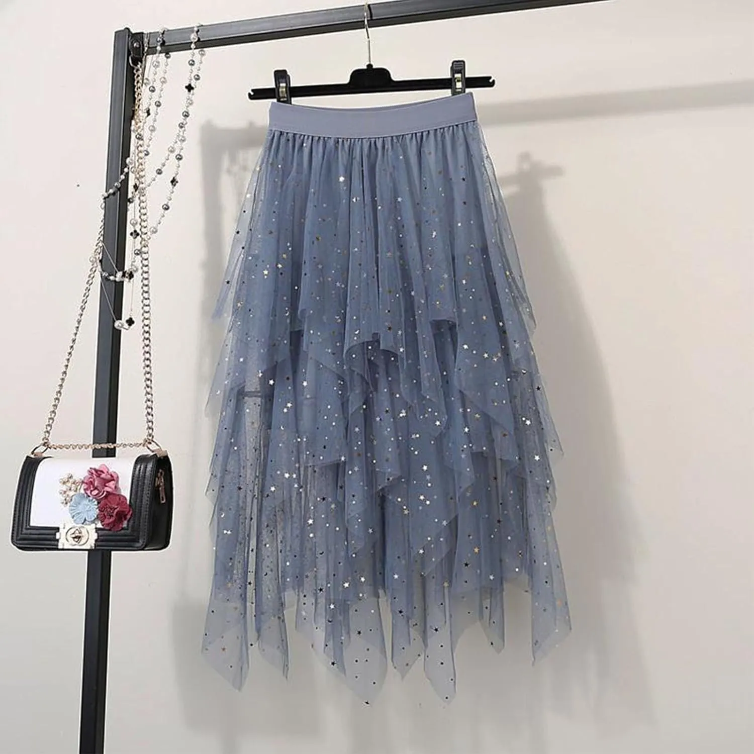 Women's Sequin Mesh Tulle Skirts High Low Layered A-line Skirt Midi Length Irregular Tutu Skirt for Women 2025